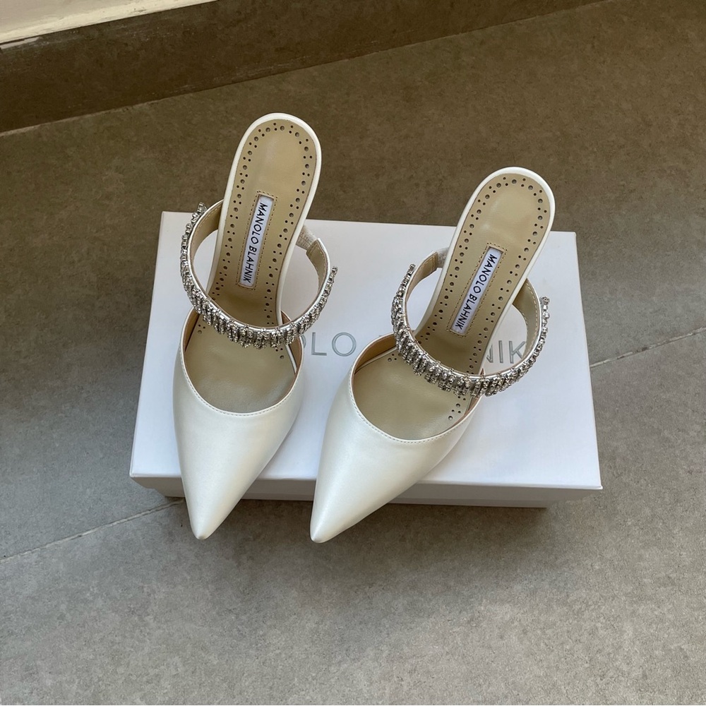 Manolo Blahnik Ivory Pointed Satin Mules with Crystal-Embellished Strap - Picture 1 of 10